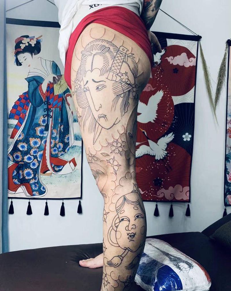 老传统花腿纹身图片_腿部老传统纹身图案