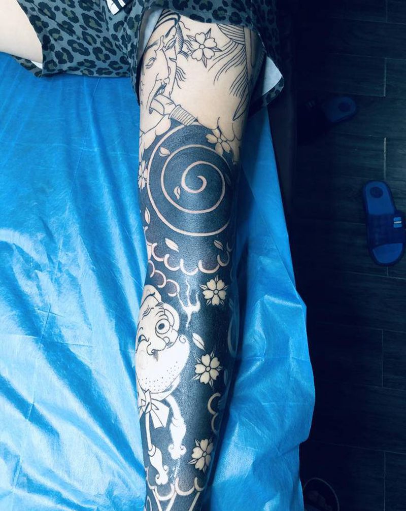 日式花腿未完纹身图片_腿部老传统纹身图案