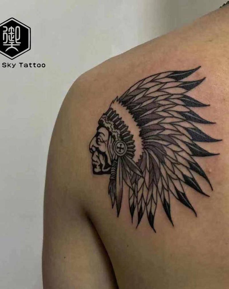 印第安首长头像  图腾类纹身图片_肩部图腾纹身图案