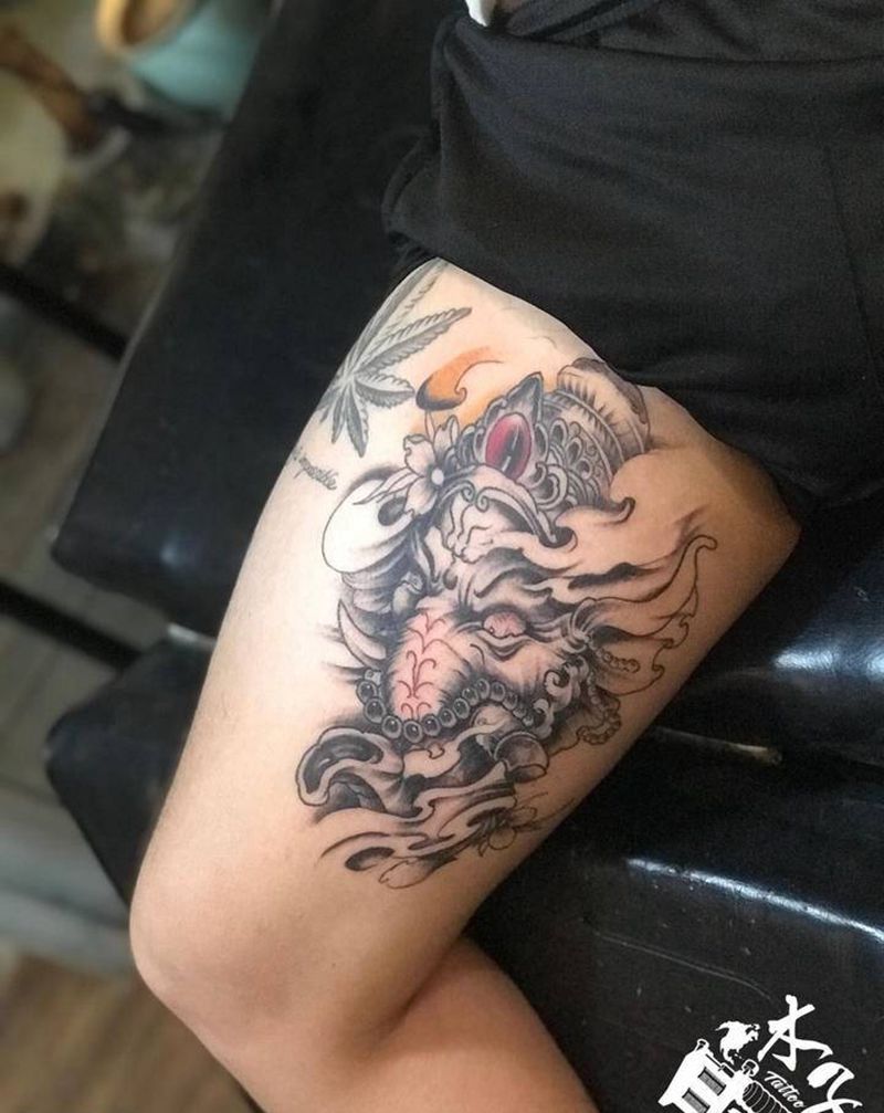 象神纹身图片_腿部新传统纹身图案
