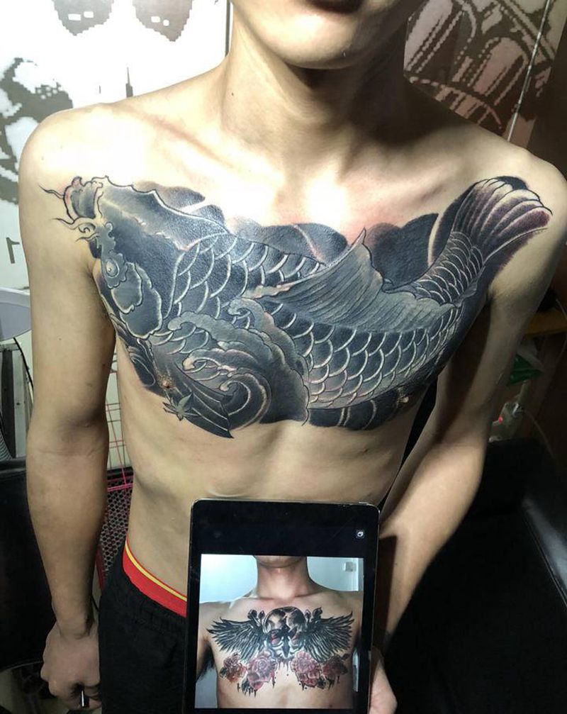 遮盖纹身图片_胸部新传统纹身图案