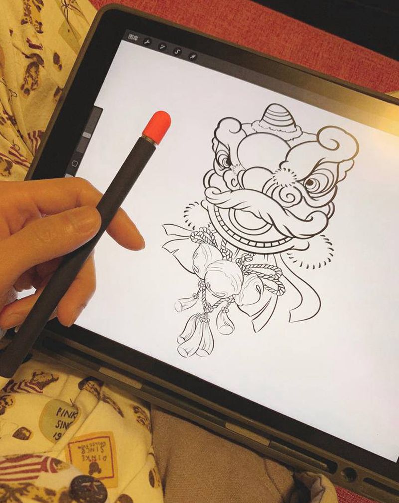 狮铃铛纹身图片_腿部手臂New School纹身图案