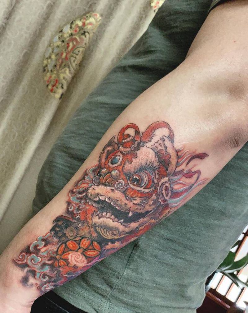 《醒狮》纹身图片_手臂新传统水墨纹身图案