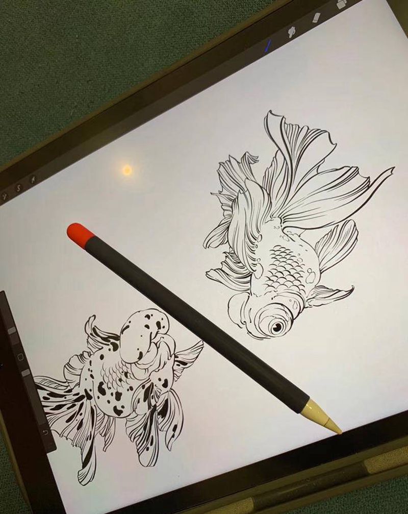 设计稿《夜双鱼》完成！纹身图片_手臂腿部新传统水彩纹身图案