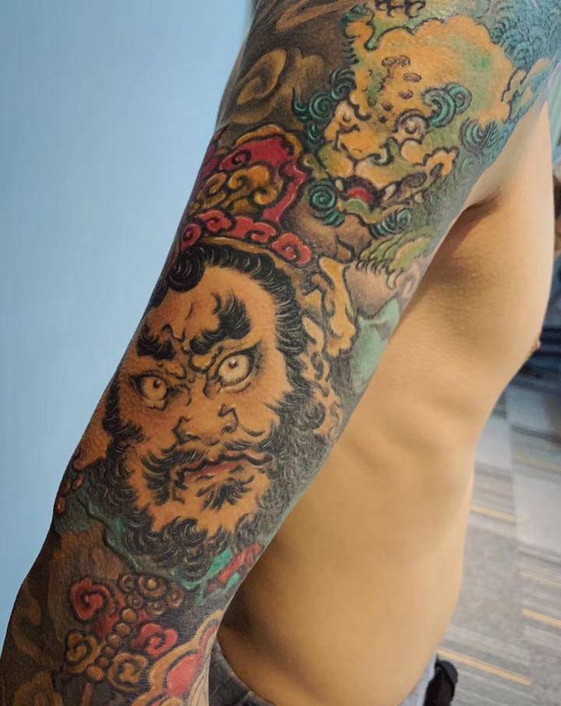 【国画文身·多闻天王】纹身图片_手臂腿部新传统水墨国画纹身图案