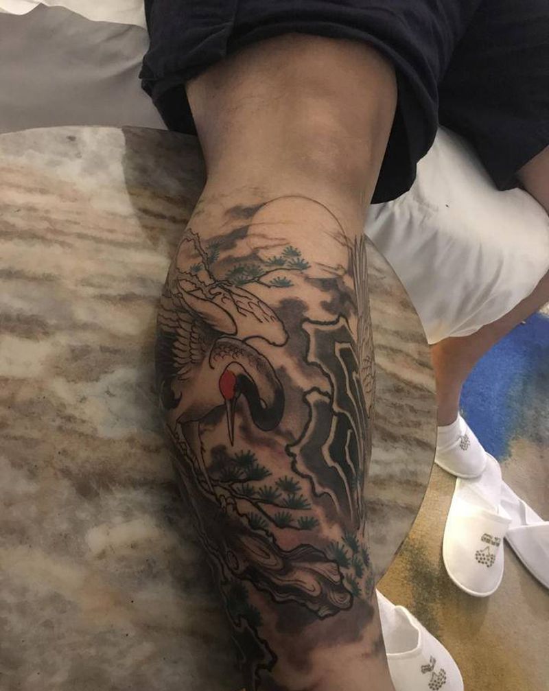 鹤纹身图片_腿部新传统纹身图案
