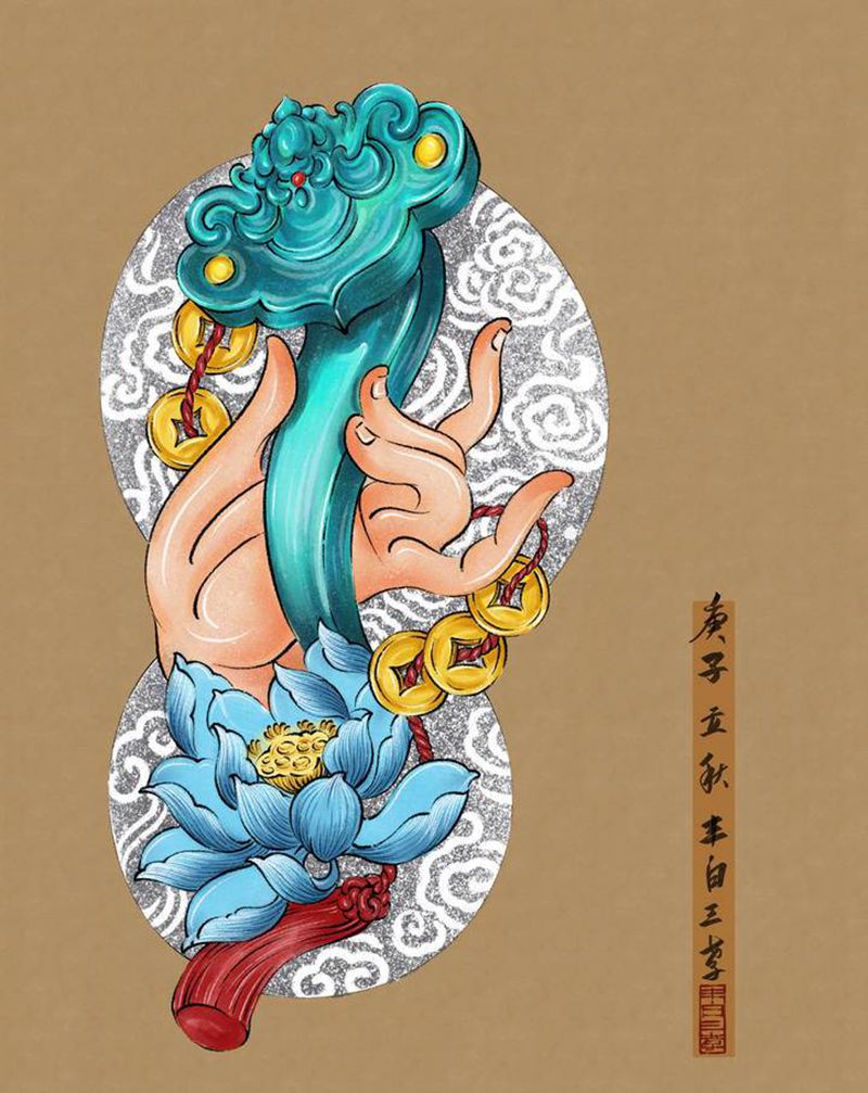 手印如意纹身图片_手臂肩部新传统纹身图案