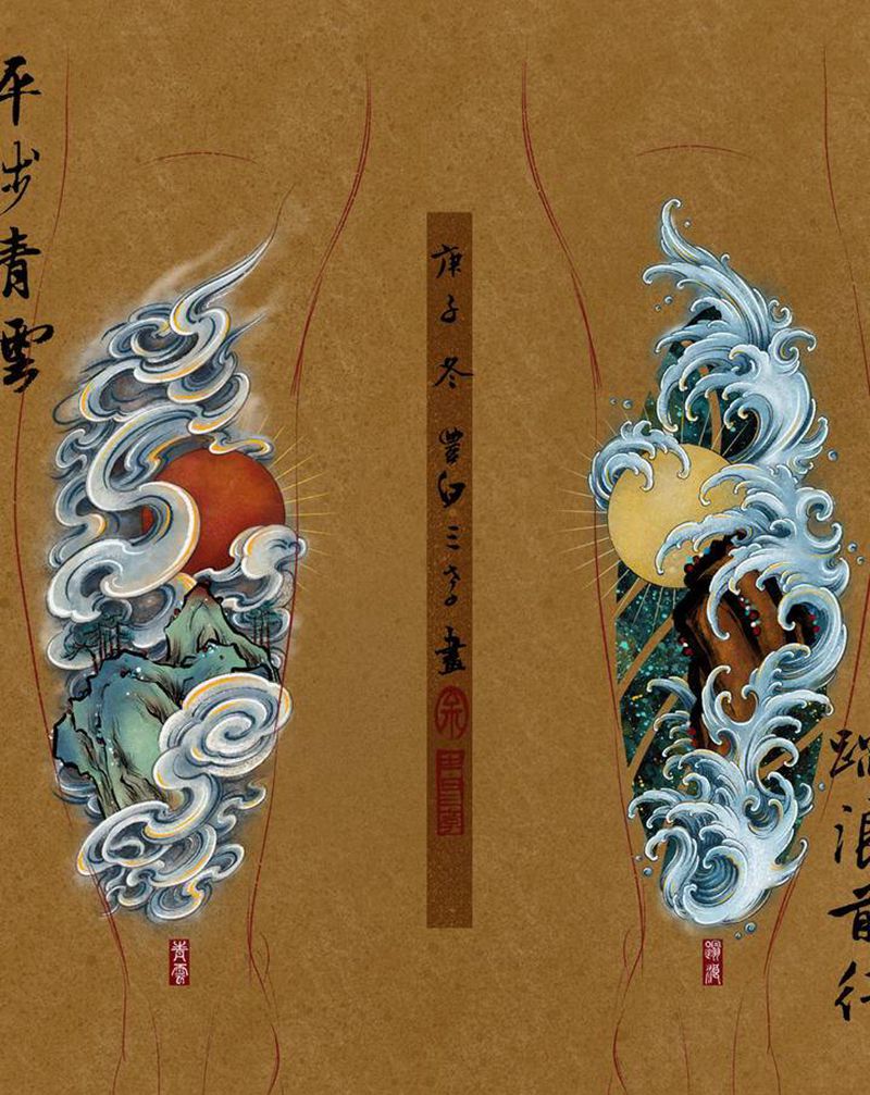 【青云·踏浪·新传统国画系列】纹身图片_脚部手部新传统水墨国画纹身图案