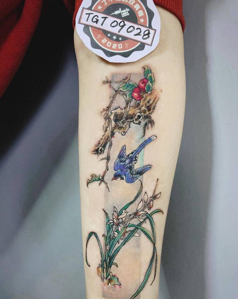 【见喜·小国画系列】纹身图片_手臂水彩水墨国画纹身图案