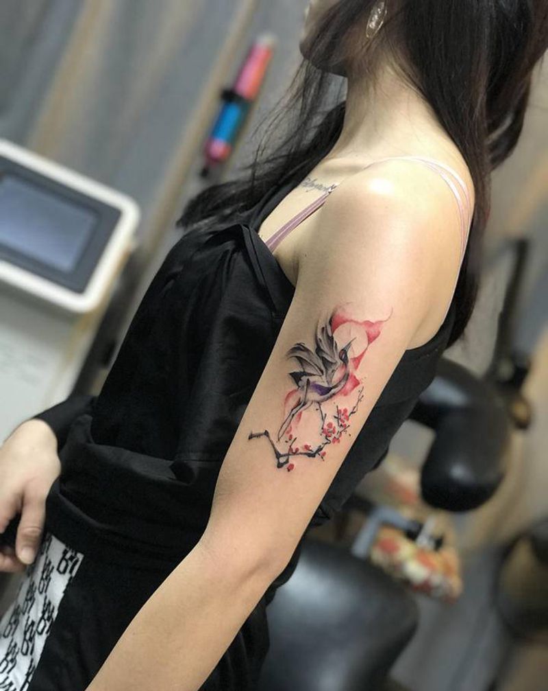 小鹤纹身图片_手臂水彩纹身图案