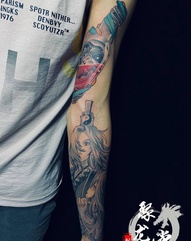 魔鬼与童年纹身图片_手臂Old School欧美写实纹身图案