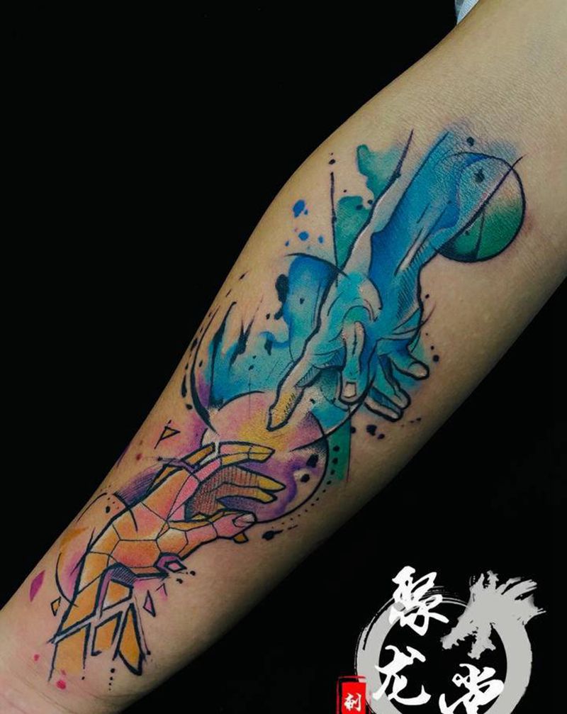 水彩重合纹身图片_手臂水彩纹身图案