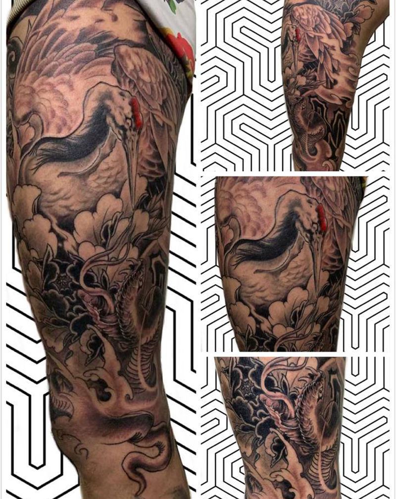 仙鹤与蛇纹身图片_腿部新传统仙鹤蛇纹身图案