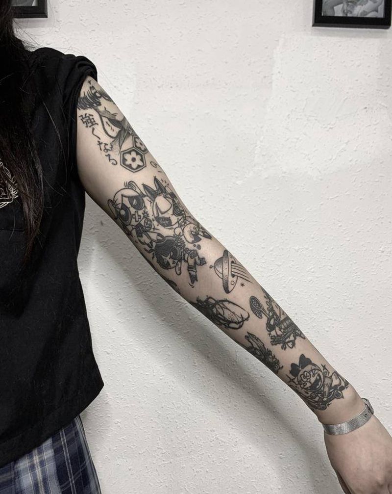 暗黑花臂买家秀纹身图片_手臂点刺暗黑系列小图案花臂纹身图案