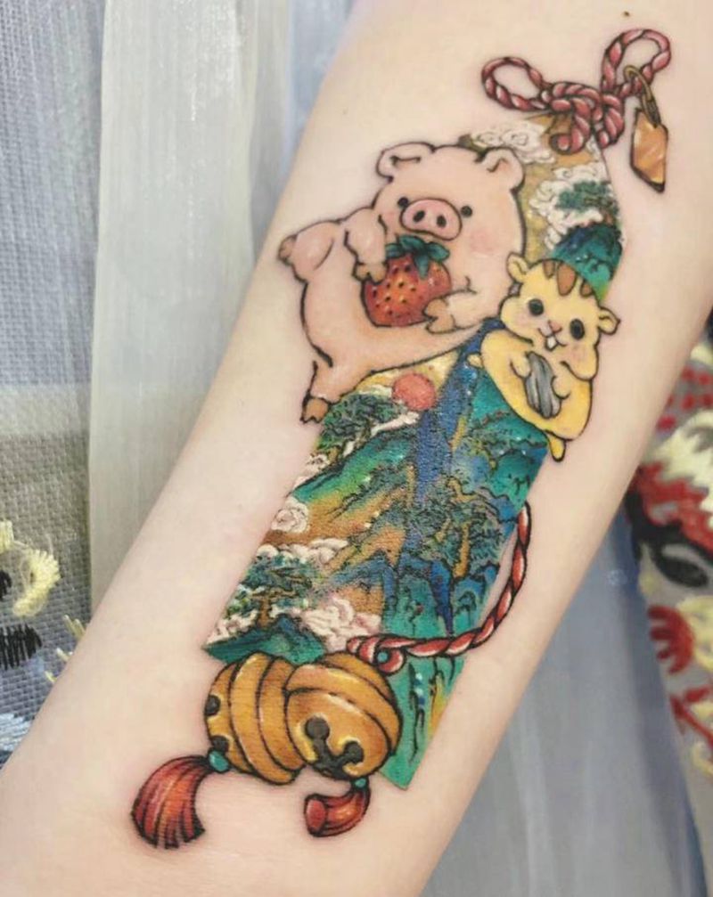 【安心猪与安弘鼠·小国画系列】纹身图片_手臂水墨水彩中国画卡通动画纹身图案