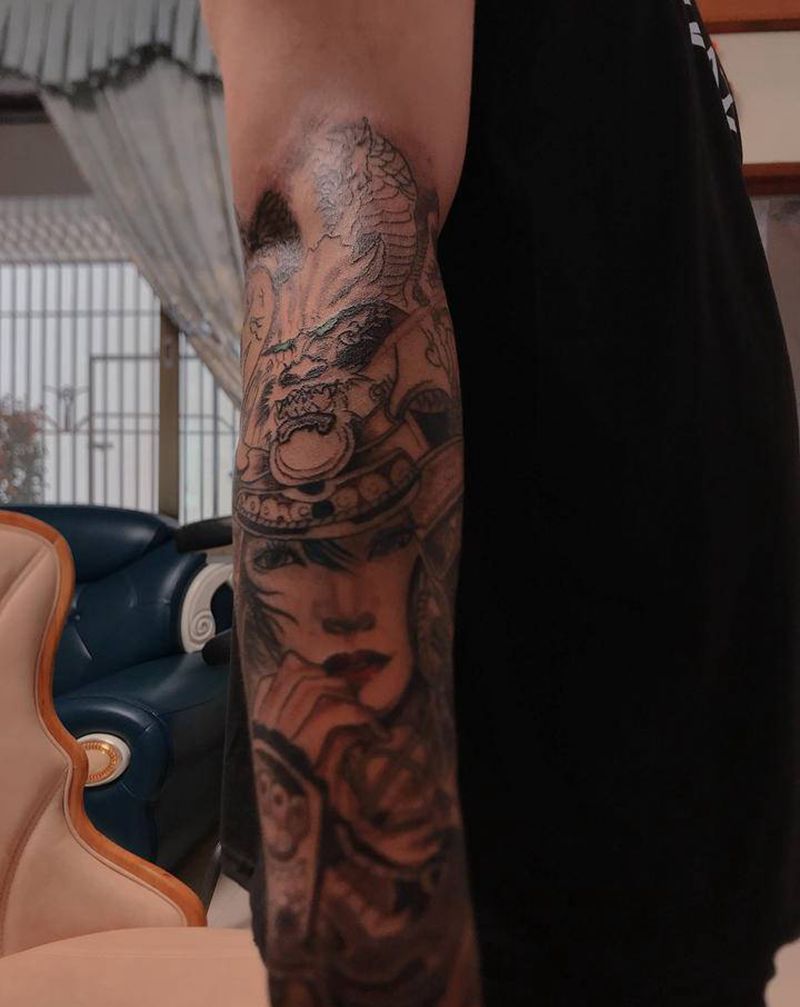 龙妓纹身图片_手臂新传统纹身图案