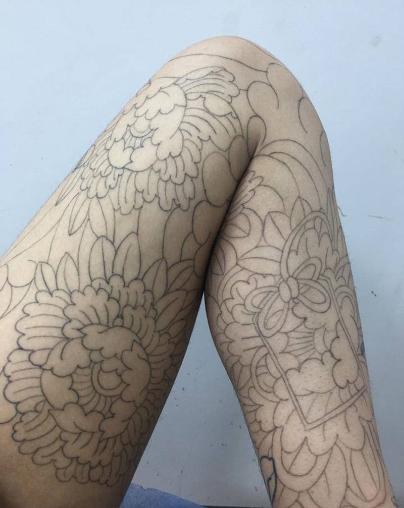 老传统花腿部分水线纹身图片_腿部新传统老传统纹身图案