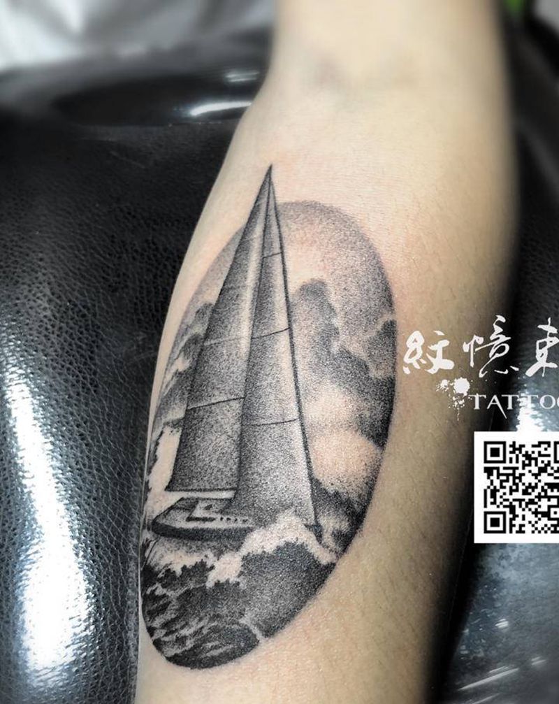 帆船纹身图片_手臂点刺纹身图案