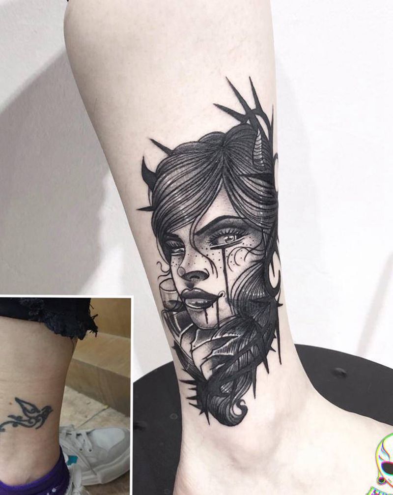 女郎遮盖纹身图片_脚部欧美写实纹身图案