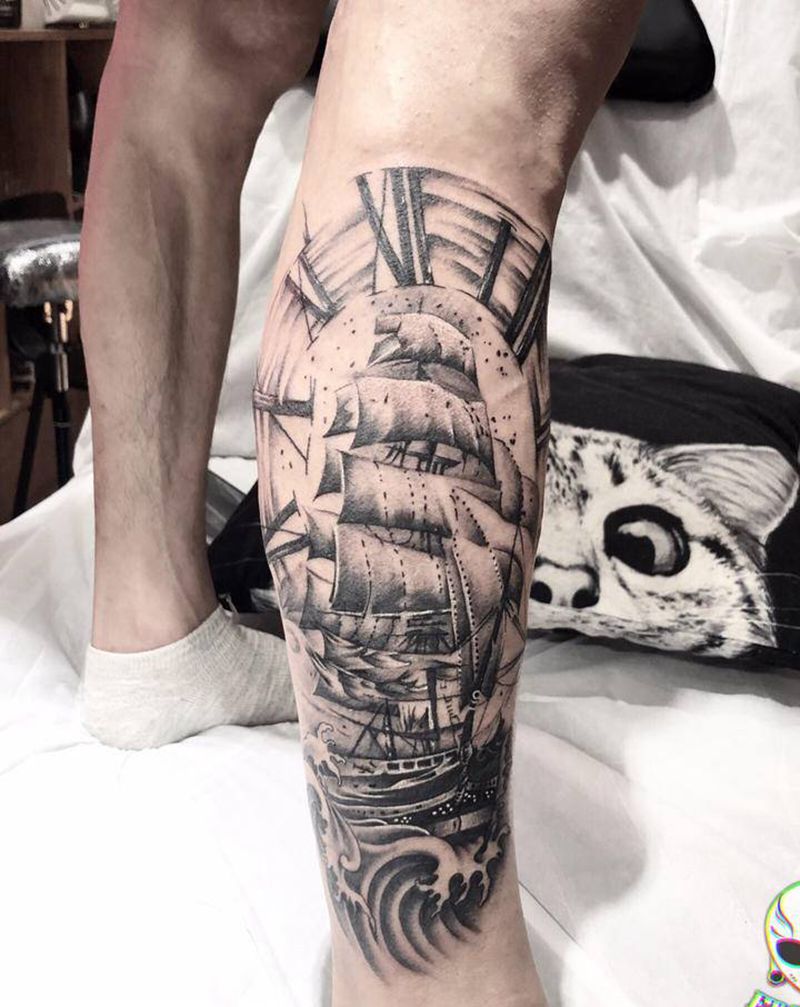 帆船纹身图片_脚部腿部欧美写实纹身图案