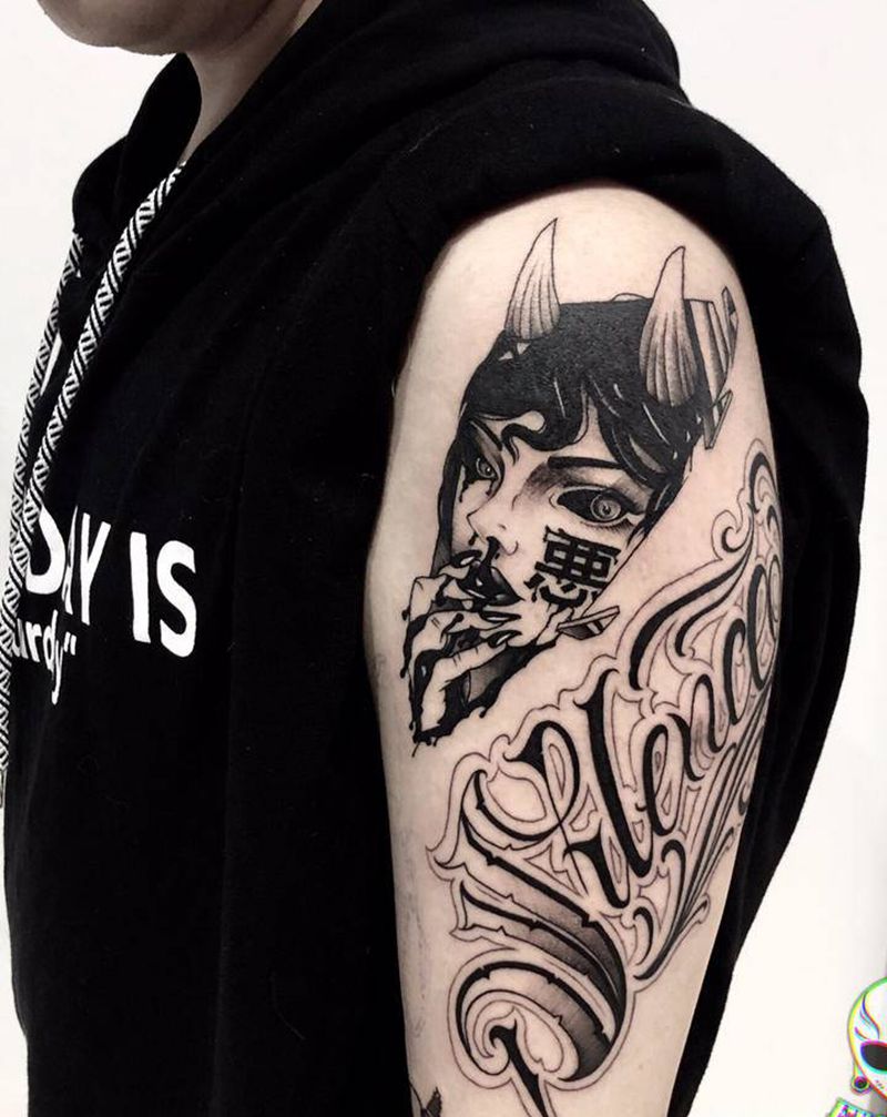 暗黑女郎➕花体纹身图片_花体字纹身图案