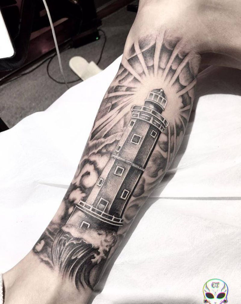 灯塔纹身图片_腿部纹身图案