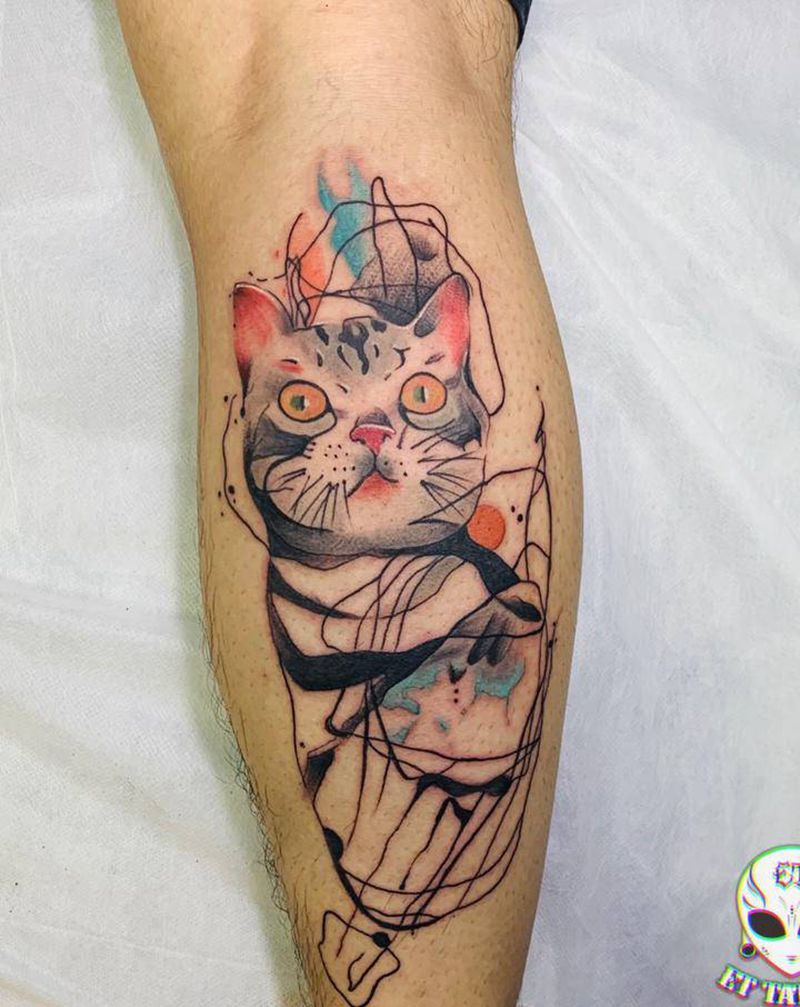 水彩猫纹身图片_腿部纹身图案