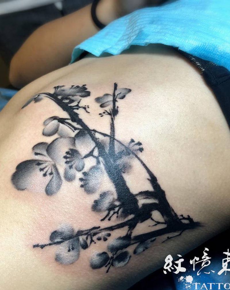 水墨玫瑰遮盖旧图纹身图片_腰部水墨纹身图案