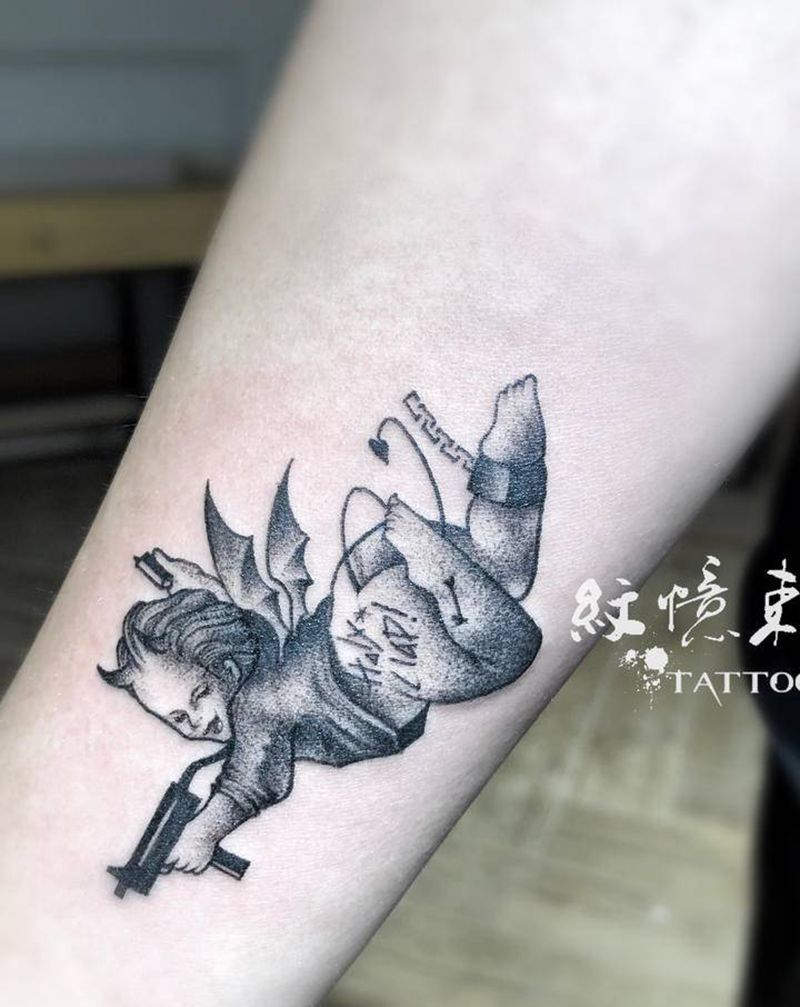 天使点刺纹身图片_手臂点刺纹身图案