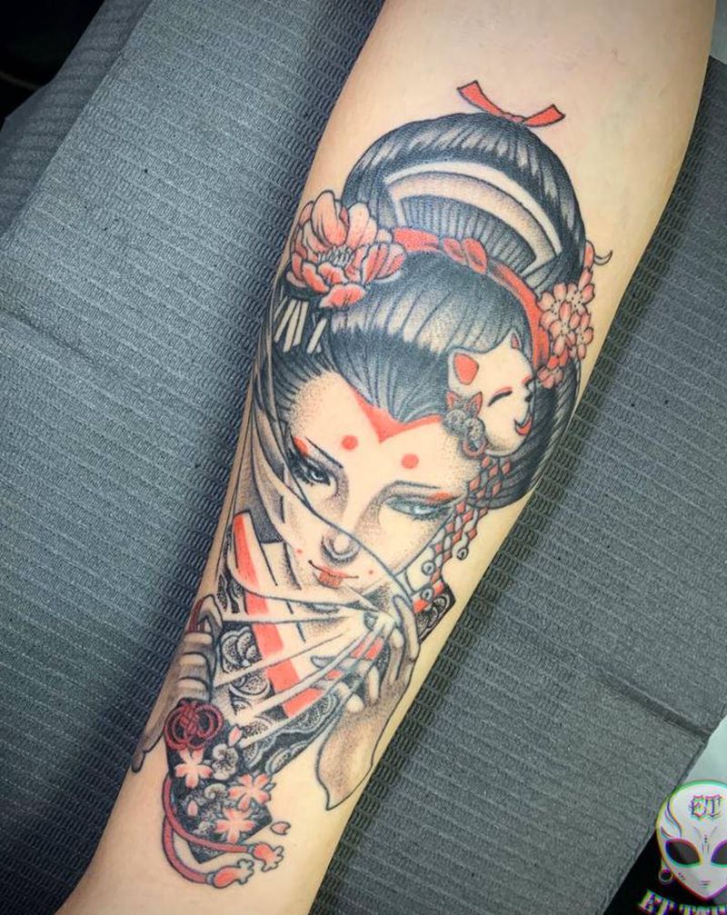 彩色艺妓纹身图片_手臂新传统纹身图案