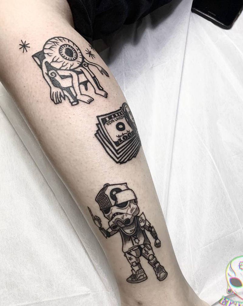 小腿拼接纹身图片_腿部脚部Old School纹身图案