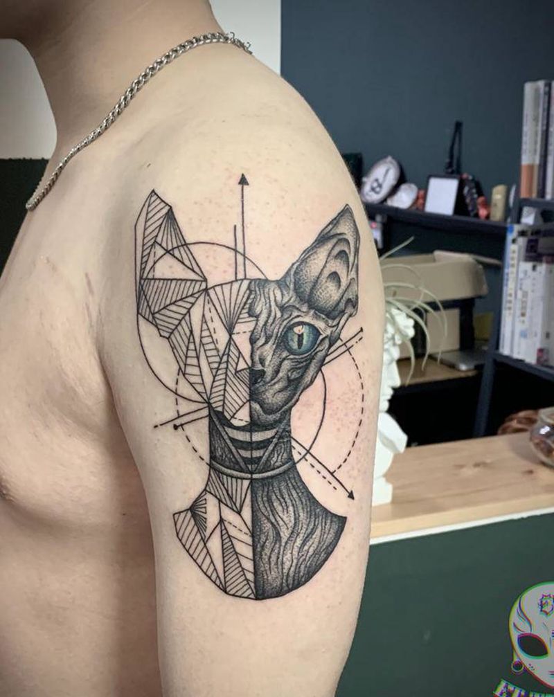几何无毛猫纹身图片_手部手臂点刺几何纹身图案