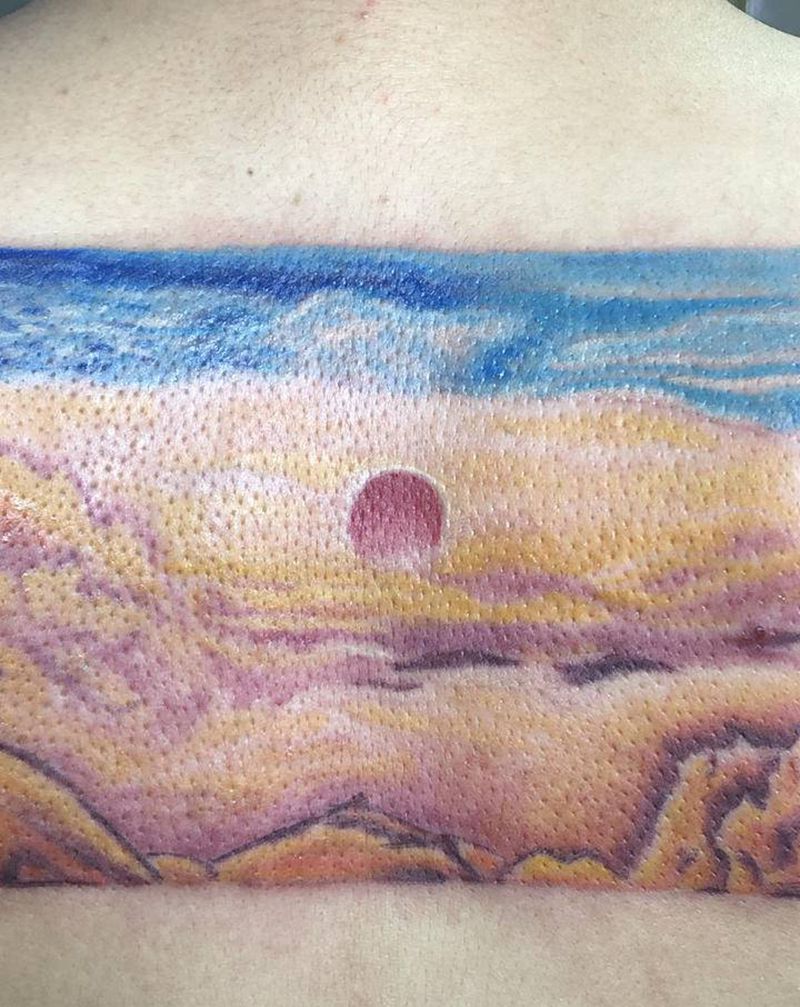 旭日东升纹身图片_背部水彩纹身图案