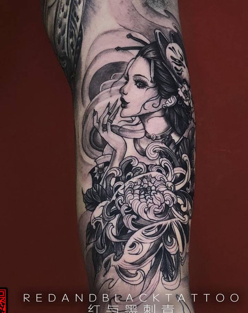 艺妓纹身图片_手臂新传统纹身图案