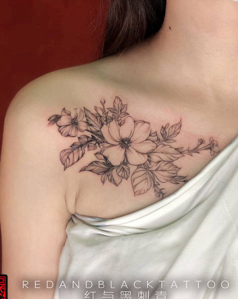 素花纹身图片_颈部小清新纹身图案