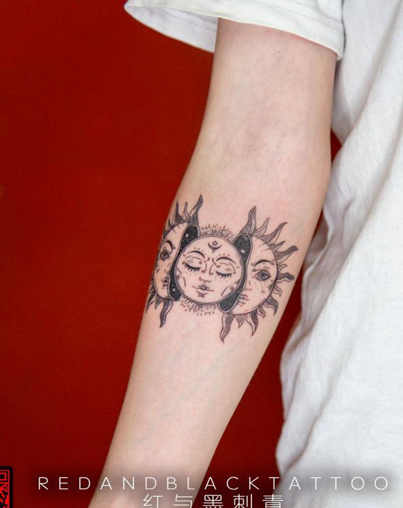 太阳纹身图片_手臂欧美写实点刺纹身图案