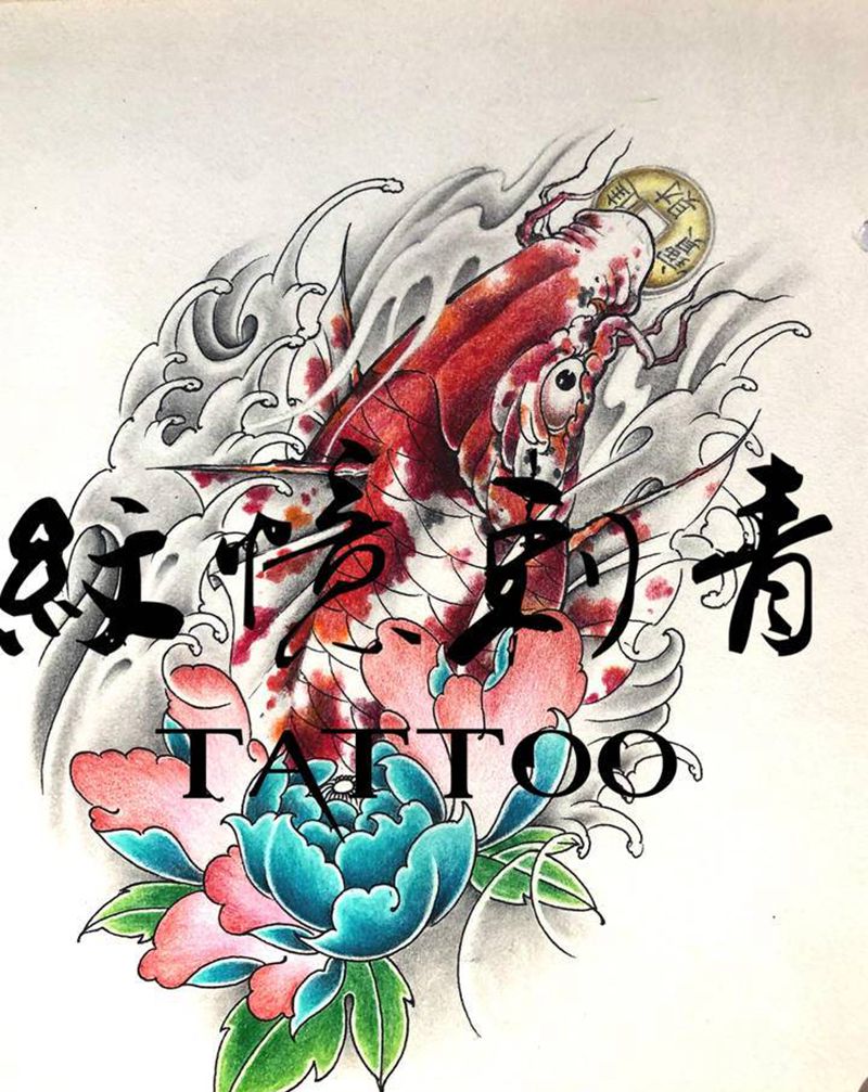 原创招财锦鲤纹身图片_胸部新传统纹身图案