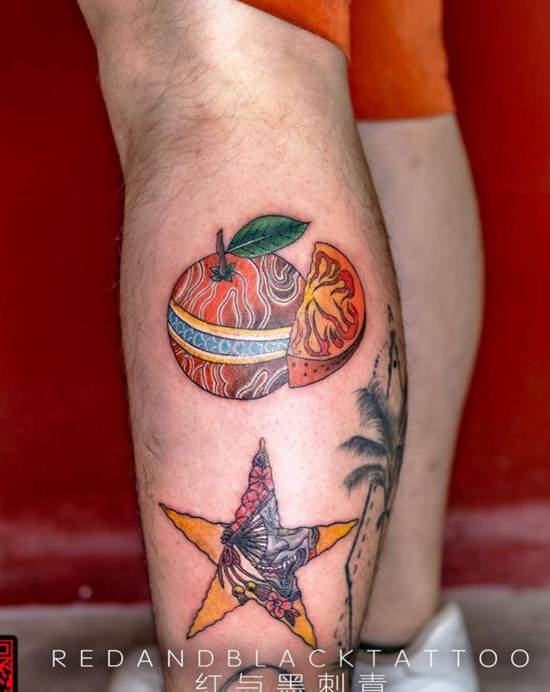 星星和橘子纹身图片_腿部Old School纹身图案