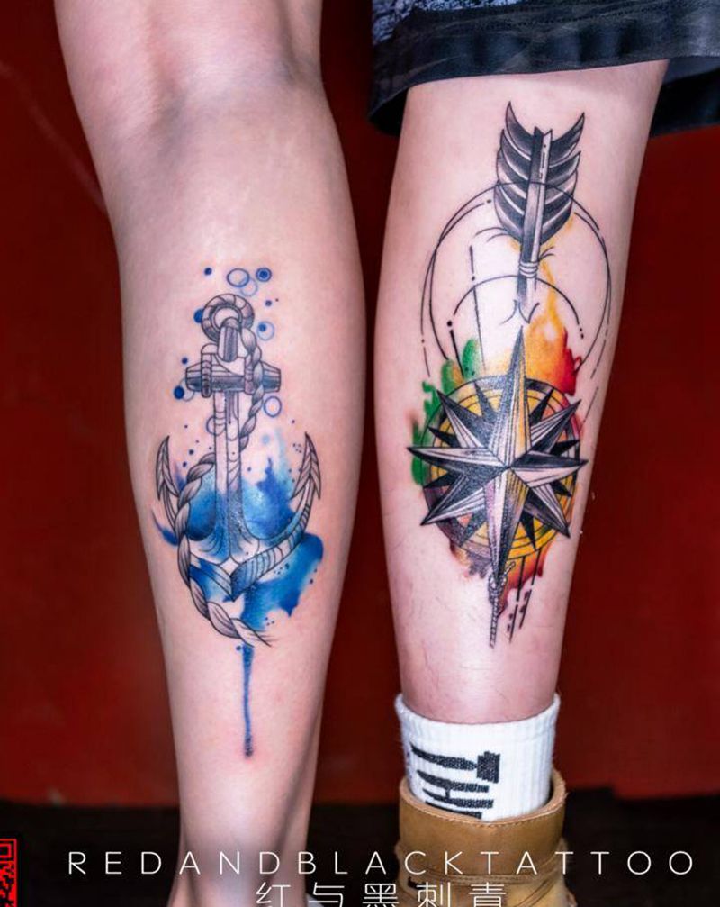 情侣纹身纹身图片_腿部水墨纹身图案