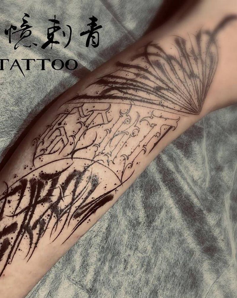暗黑花体待续纹身图片_腿部花体字纹身图案