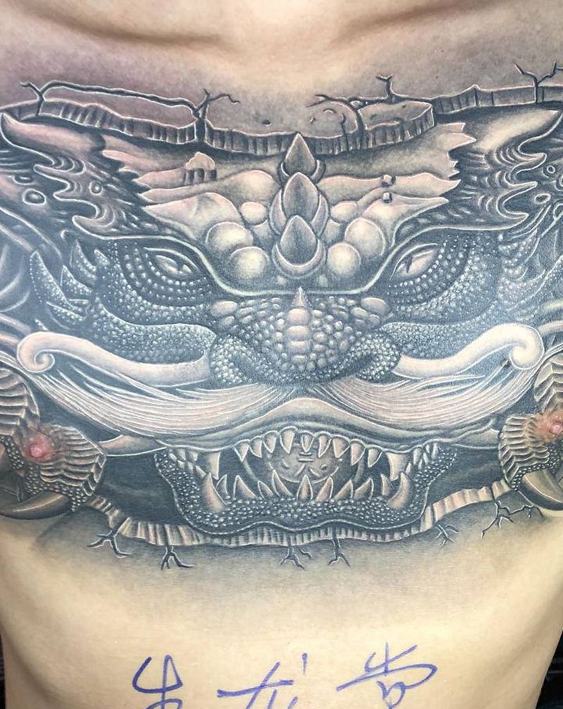 龙头花胸纹身图片_胸部新传统纹身图案
