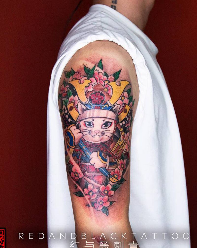 招财猫纹身图片_手部手臂New School水彩纹身图案