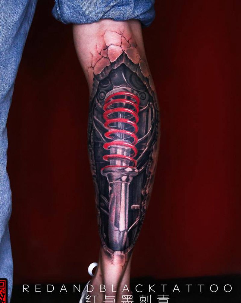 机械腿纹身图片_脚部腿部欧美写实纹身图案