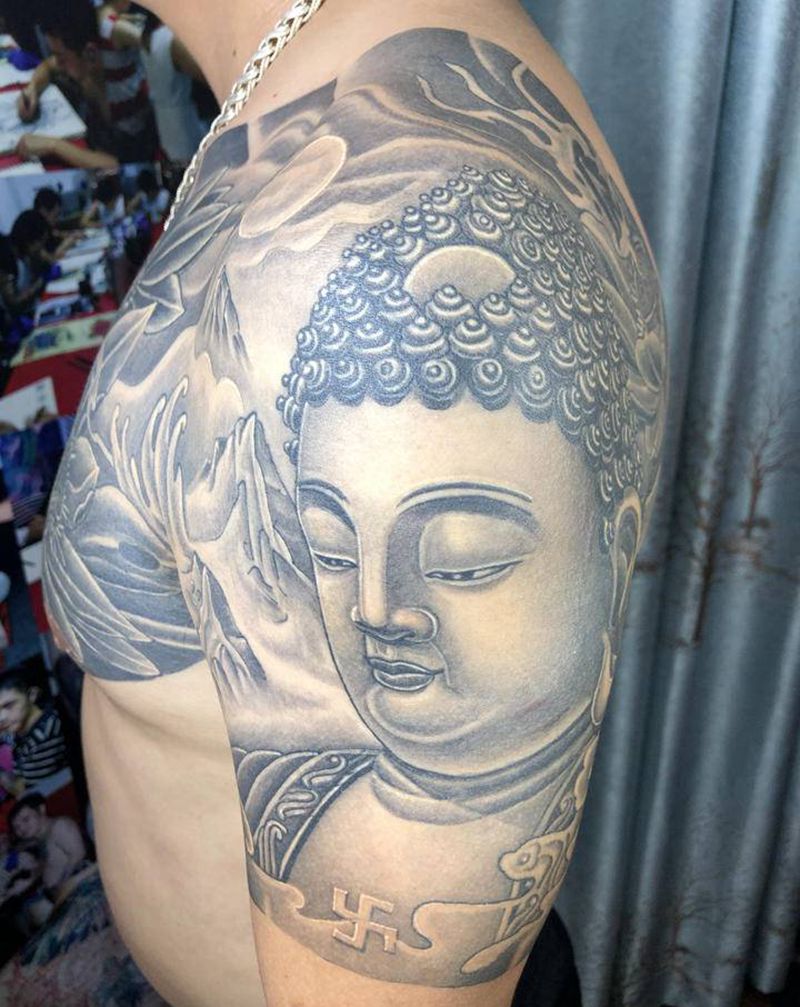 半甲佛像纹身图片_手臂胸部新传统纹身图案