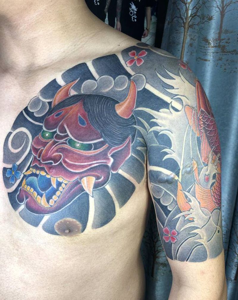 日式老传统风格纹身图片_胸部手部老传统纹身图案