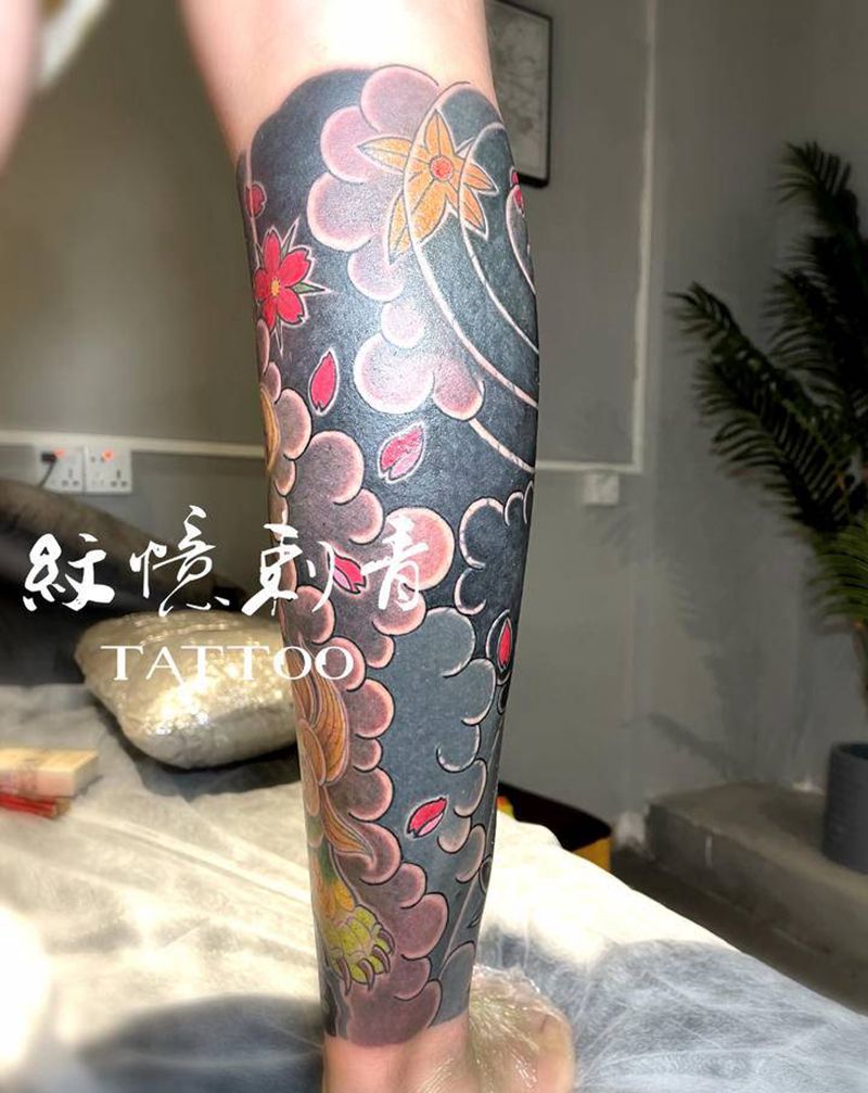 日式遮盖纹身图片_腿部老传统纹身图案