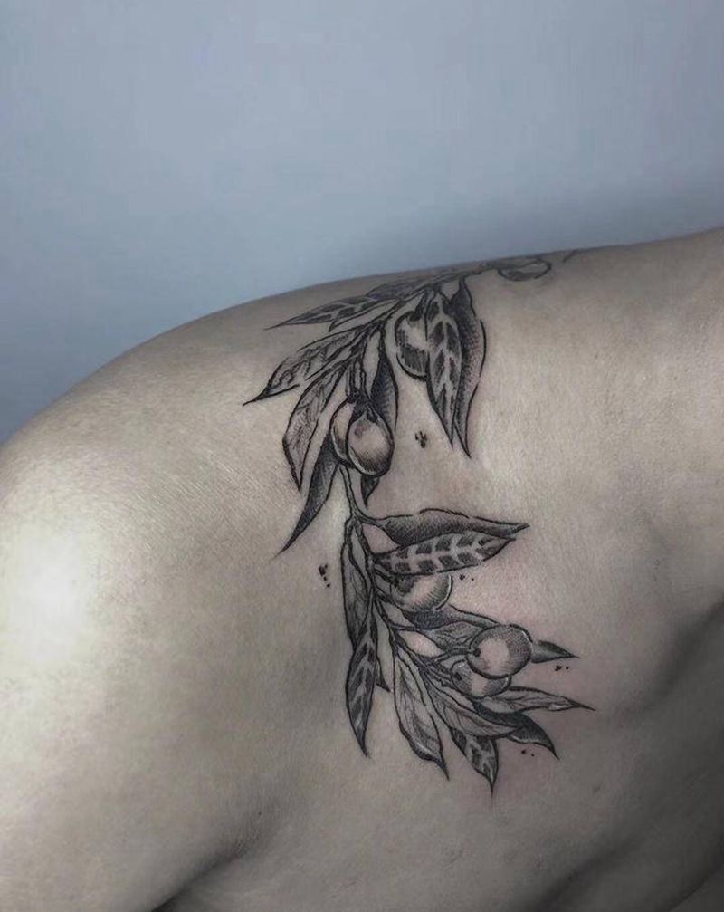 橄榄树叶纹身图片_肩部纹身图案