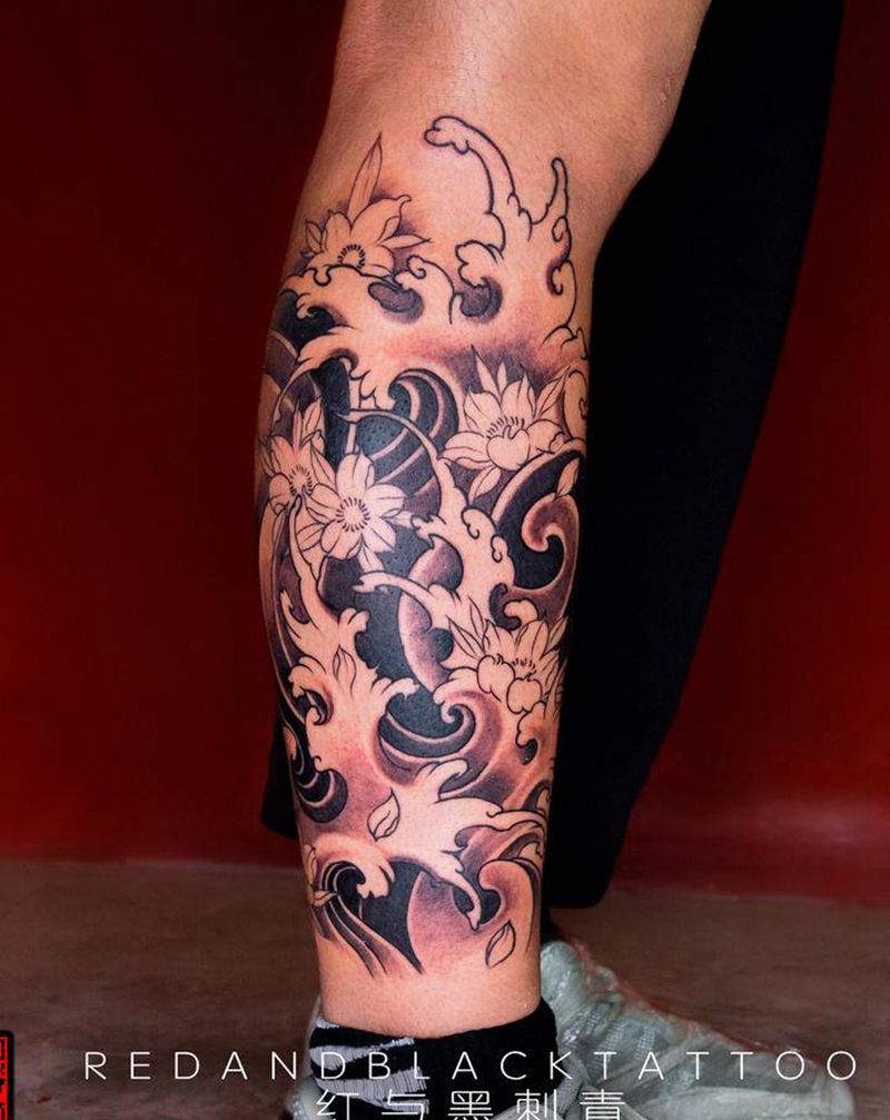 浪腿纹身图片_腿部新传统老传统纹身图案