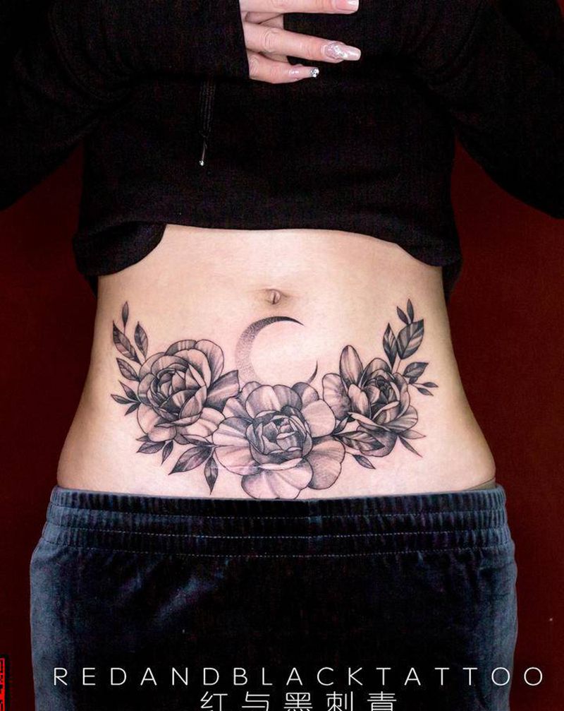 疤痕遮盖纹身图片_腹部新传统纹身图案