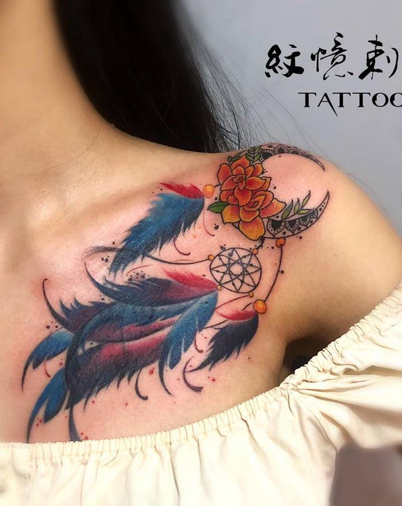 捕梦网遮盖旧图纹身图片_胸部New School纹身图案